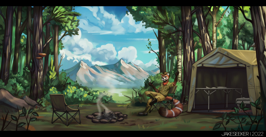 ailurid anthro black_bars campfire camping clothed clothing detailed_background digital_media_(artwork) forest fur hair hi_res holding_object jakeseeker letterbox looking_at_viewer male mammal outside plant red_panda smile smoking solo tent tree