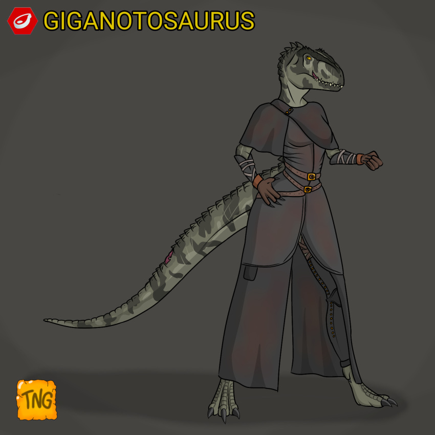 anthro belt bite_mark bloodborne carcharodontosaurid clothing dinosaur female fromsoftware giganotosaurus gloves handwear hi_res multiple_scars osteoderms reptile scalie scar solo sony_corporation sony_interactive_entertainment the_nameless_guy theropod video_games