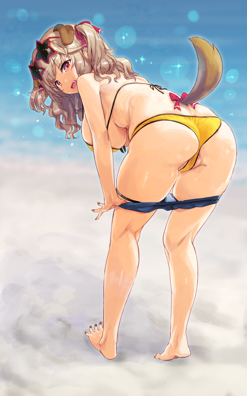 1girl absurdres animal_ears ass bangs barefoot bent_over bikini blonde_hair blush bow breasts brown_hair clothes_pull dog_ears dog_girl dog_tail eyewear_on_head fang from_behind full_body hair_ribbon highres indie_virtual_youtuber kiyama_satoshi komorebi_wanko large_breasts long_hair looking_at_viewer looking_back open_mouth pulled_by_self red_bow red_eyes ribbon shorts shorts_pull smile solo star-shaped_eyewear sunglasses swimsuit tail two_side_up virtual_youtuber yellow_bikini