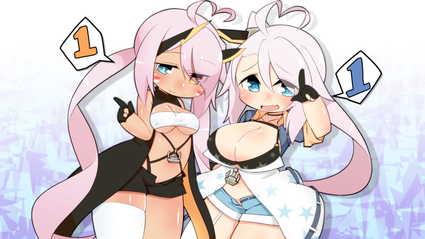 2girls ahoge azur_lane bangs bikini bikini_top_only black_bikini black_gloves blue_eyes blue_shirt blue_shorts blush breasts cleavage closed_mouth commentary_request cowboy_shot dark-skinned_female dark_skin eyes_visible_through_hair facepaint fang gloves hair_between_eyes heart heart-shaped_pupils heart_ahoge heterochromia horns indianapolis_(azur_lane) large_breasts long_hair looking_at_viewer mechanical_horns medium_breasts midriff multiple_girls navel odabuts open_clothes open_mouth open_shirt partially_fingerless_gloves pink_hair portland_(azur_lane) print_bikini retrofit_(azur_lane) shirt shorts siblings side_ponytail single_thighhigh sisters skin_fang smile star_(symbol) star_print swimsuit symbol-shaped_pupils tan thighhighs twintails underboob very_long_hair white_bandeau white_thighhighs yellow_eyes