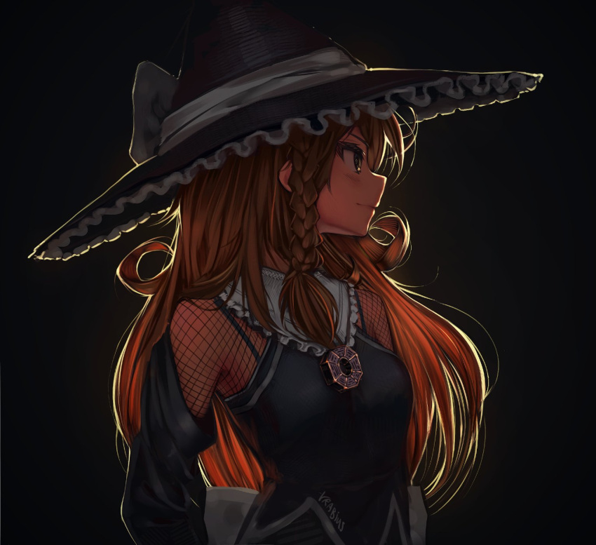 1girl adapted_costume bangs black_background black_headwear black_sleeves black_vest blonde_hair bow braid closed_mouth collared_vest commentary detached_sleeves frilled_hat frilled_shirt_collar frills hat hat_bow highres kirisame_marisa lace long_hair mini-hakkero profile signature simple_background single_braid solo touhou upper_body vest vrabius white_bow witch_hat