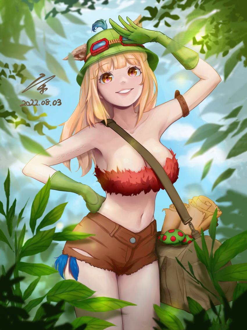 1girl absurdres arm_tattoo arm_up bag bangs bare_shoulders breasts brown_bag brown_shorts dated feathers forest genderswap genderswap_(mtf) gloves green_gloves green_headwear grin highres humanization large_breasts league_of_legends long_hair mushroom nature navel orange_eyes outdoors plant scroll shorts shoulder_bag signature smile stomach tattoo teemo teeth torn_clothes torn_shorts xuan_xuan_xiao_tianshi