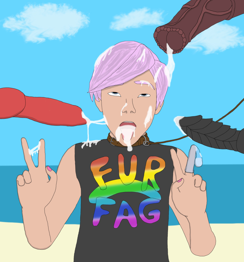 ahegao animal_genitalia animal_penis beach big_pupils bodily_fluids bukkake canine_penis clothing cloud collar colored_nails condom cum cum_covered cum_in_mouth cum_inside cum_on_face cum_on_penis cum_string dilated_pupils ejaculation equine_penis filled_condom furfag genital_fluids genitals gesture hair hi_res human jorvard leash looking_pleasured male male/male mammal messy nails penis pink_hair pupils sea seaside sexual_barrier_device shirt sleeveless sleeveless_shirt solo topwear v_sign water