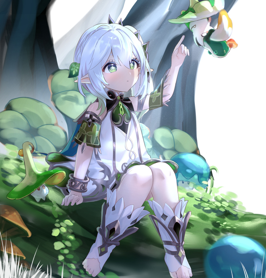 1girl :o absurdres dress elf feet full_body genshin_impact green_eyes highres lucy_(rusi-juren328) nahida_(genshin_impact) pointy_ears side_ponytail sitting toeless_footwear toes tree white_dress white_hair