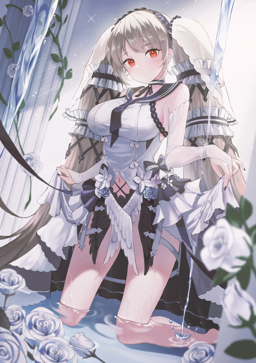 1girl absurdres azur_lane bangs bare_shoulders black_choker black_dress black_nails black_sailor_collar blush bow breasts choker clothing_cutout dress dress_bow feather_dress flower formidable_(azur_lane) formidable_(timeless_classics)_(azur_lane) frilled_dress frills hair_ornament highres large_breasts long_hair looking_at_viewer navel navel_cutout official_alternate_costume prock red_eyes ribbon sailor_collar solo thighs twintails two-tone_ribbon veil very_long_hair water white_dress