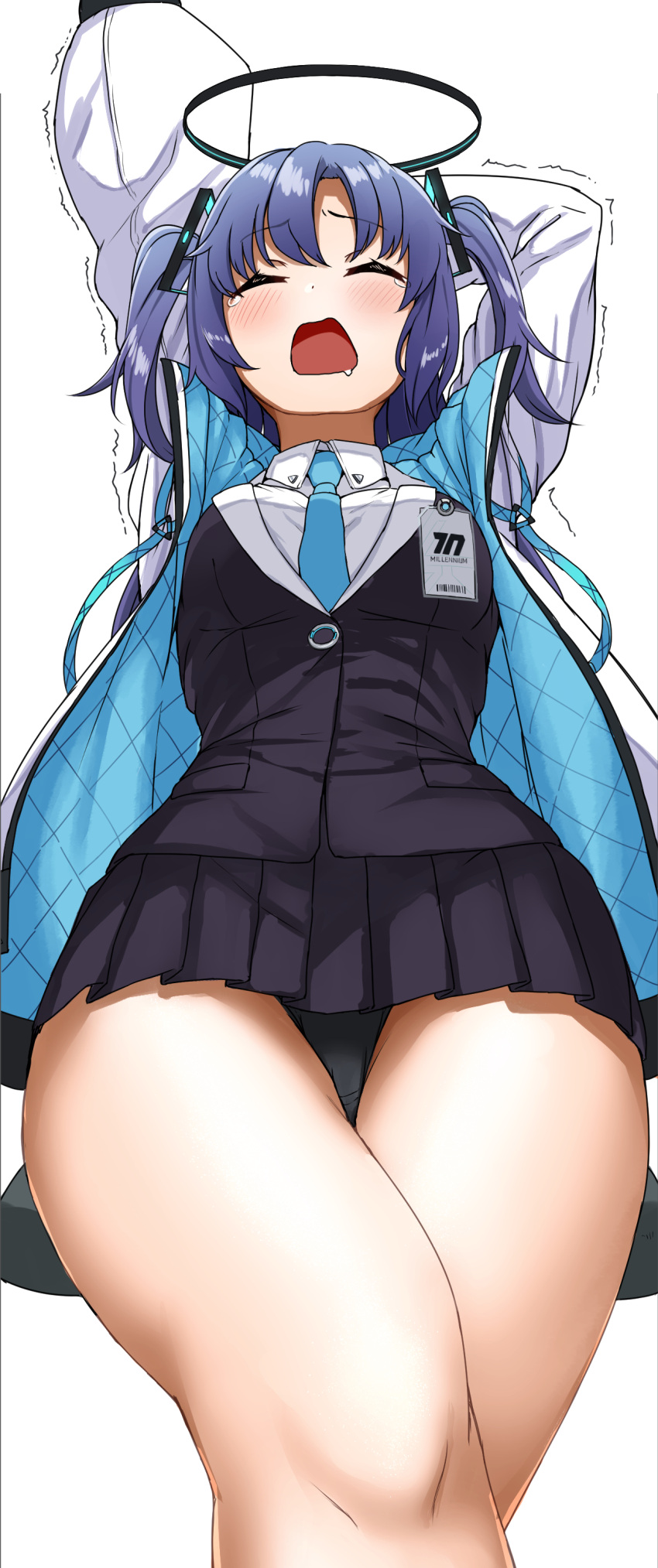 1girl absurdres aoi_tiduru aqua_necktie arms_up bangs black_panties blue_archive blue_hair blush breasts closed_eyes hair_ornament halo highres id_card jacket long_hair medium_breasts miniskirt necktie open_clothes open_jacket open_mouth panties pantyshot pleated_skirt saliva simple_background skirt solo stretching tears thighs two_side_up underwear white_background white_jacket yawning yuuka_(blue_archive)