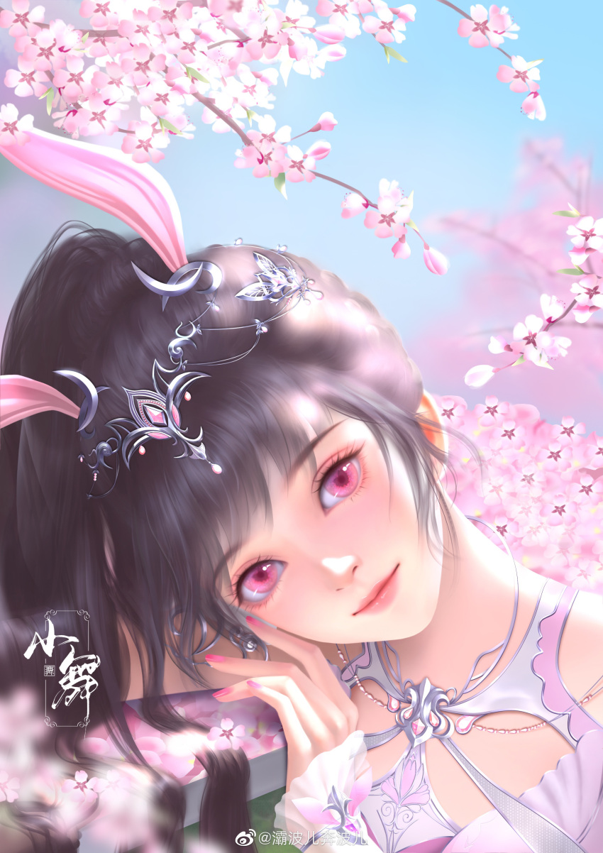 1girl absurdres animal_ears ba_bo_er_benbo_er blue_sky branch brown_hair cherry_blossoms collar douluo_dalu dress hair_ornament highres leaning_to_the_side metal_collar pink_dress pink_eyes ponytail rabbit_ears sky smile solo table upper_body xiao_wu_(douluo_dalu)