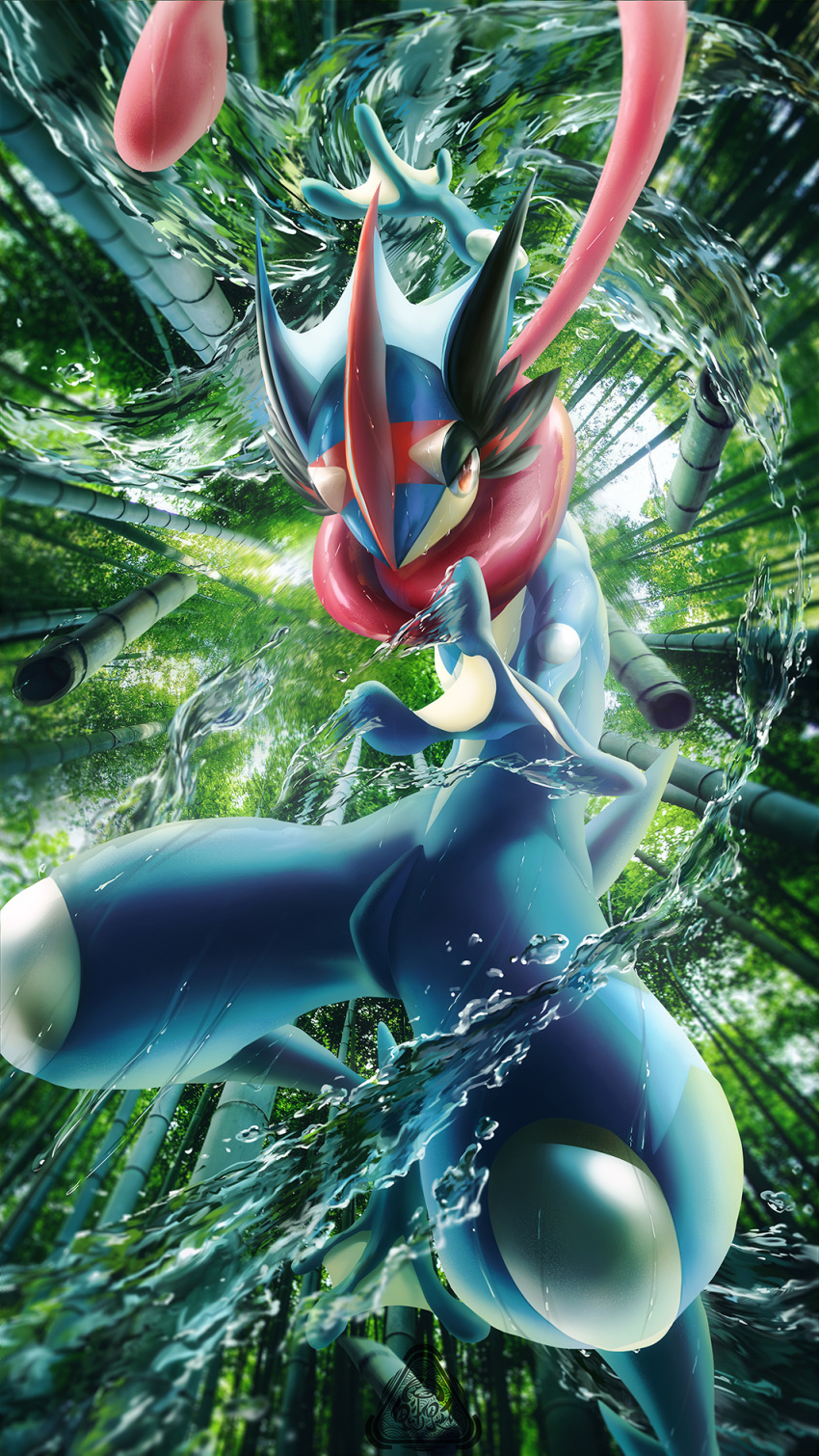 ash-greninja bamboo commentary_request forest greninja highres kuiyanxu looking_at_viewer nature ninja no_humans outdoors outstretched_arms pokemon pokemon_(anime) pokemon_(creature) pokemon_(game) pokemon_xy realistic red_eyes spread_legs tongue tongue_scarf water