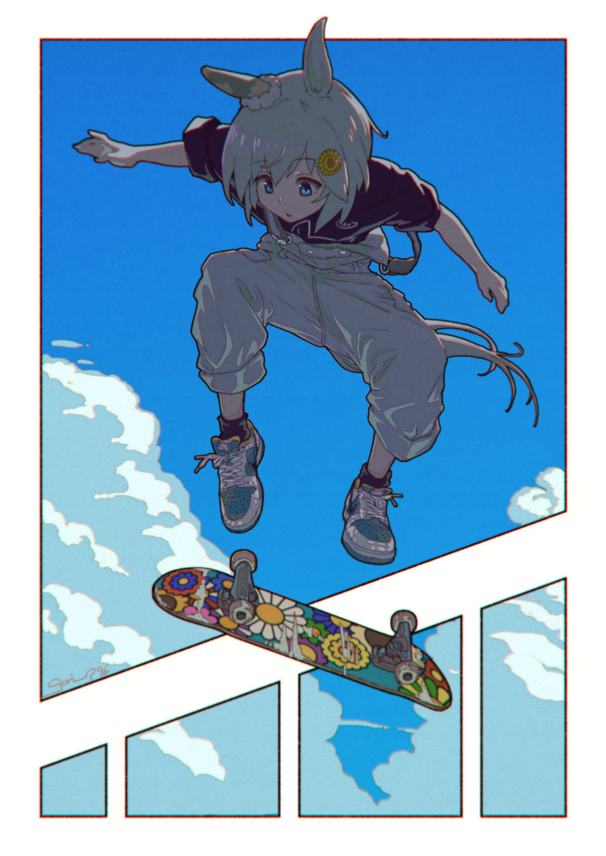 1girl animal_ears blue_eyes cloud ear_covers flower goripan green_hair hair_flower hair_ornament highres horse_ears horse_girl horse_tail kickflip open_mouth overalls seiun_sky_(umamusume) shoes short_hair skateboard skateboarding sky sneakers socks solo tail umamusume