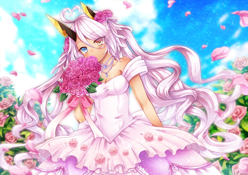 1girl absurdres ahoge alternate_costume azur_lane bangs blue_eyes blue_gemstone blush bouquet breasts bush cleavage commentary_request covered_mouth cowboy_shot dark-skinned_female dark_skin dress eyes_visible_through_hair falling_petals flower gem hair_between_eyes hayase_yuu heart heart_ahoge heterochromia highres holding holding_bouquet horns indianapolis_(azur_lane) jewelry leaf long_hair looking_at_viewer mechanical_horns medium_breasts necklace pearl_necklace petals pink_flower pink_hair rose solo sparkle strapless strapless_dress twintails very_long_hair wedding_dress white_dress yellow_eyes