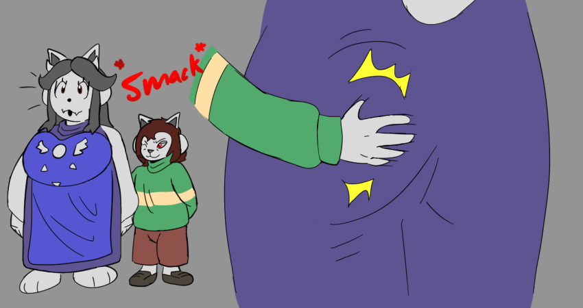 anthro big_breasts big_butt bovid breasts brown_eyes brown_hair butt butt_grab caprine charmie_(temmieverse) clothing evil_look female fur goat grey_hair hair hand_on_butt male male/female mammal red_eyes robe solo spanking surprise sweater temmie_(undertale) temriel_(temmieverse) topwear undertale undertale_(series) video_games wetwaffls white_body white_fur