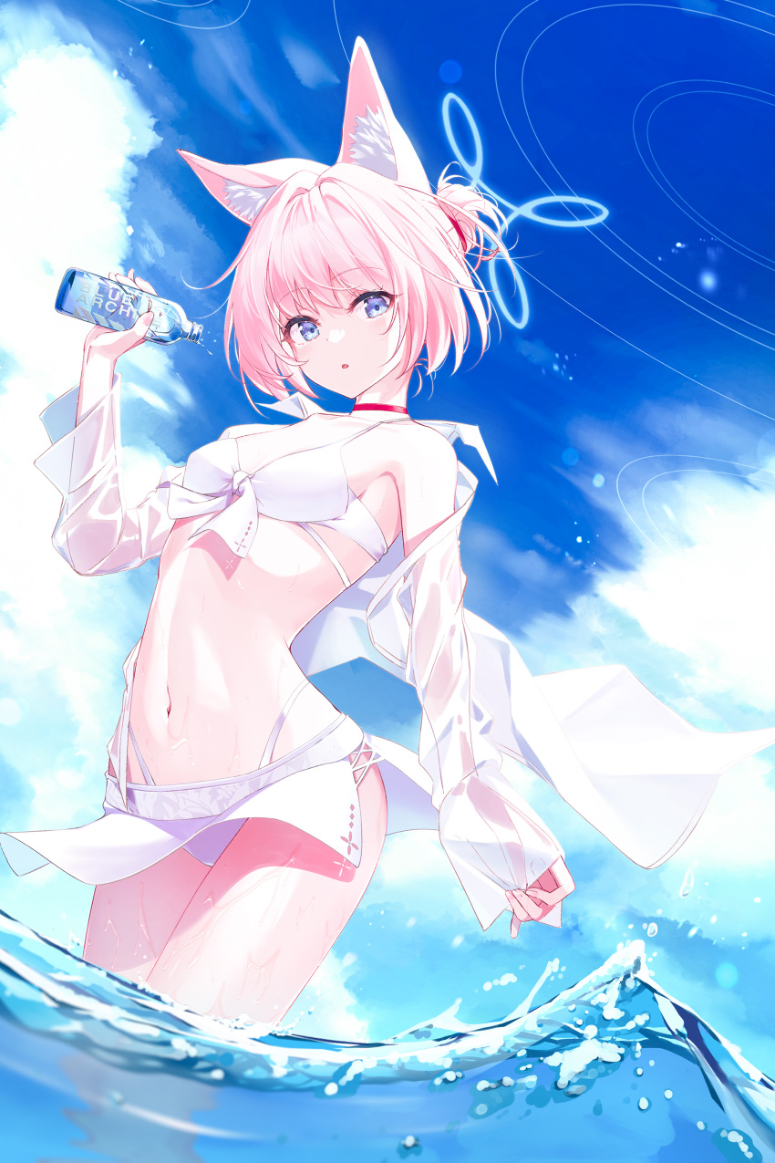 1girl absurdres animal_ear_fluff animal_ears bangs bikini blue_archive blue_eyes blue_sky bottle breasts choker cloud day dice_gt hair_tie halo hand_up highleg highleg_bikini highres holding holding_bottle long_sleeves looking_at_viewer navel nico_(blue_archive) ocean open_clothes open_shirt outdoors parted_lips pink_hair red_choker see-through short_hair sky sleeves_past_wrists small_breasts solo standing stomach swimsuit wading wet white_bikini