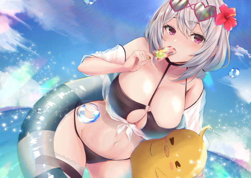 1girl absurdres azur_lane bangs bikini black_bikini blue_sky breasts cleavage cloud day eating eyewear_on_head flower food grey_hair hair_between_eyes hair_flower hair_ornament heart heart-shaped_eyewear hibiscus highres holding holding_innertube innertube large_breasts lens_flare manjuu_(azur_lane) medium_hair navel ocean outdoors popsicle red_eyes sirius_(azur_lane) sky spekkio36 sunglasses swimsuit thigh_strap water_drop