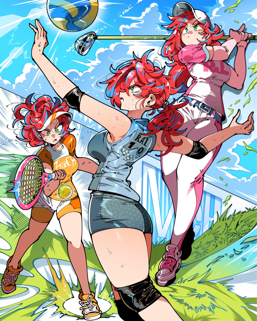 1girl alternate_hairstyle ball baseball_cap blue_hair breasts character_name clothes_writing collage colored_tips commission elbow_pads english_commentary golf golf_club green_eyes hat highres jumping kafun knee_pads long_hair medium_breasts messy_hair multicolored_hair original pants playing_sports ponytail racket ral_wheeler_(mac) red_hair second-party_source shoes shorts sneakers solo_focus sportswear sweat tennis tennis_ball tennis_racket tennis_uniform tomboy visor_cap volleyball volleyball_uniform