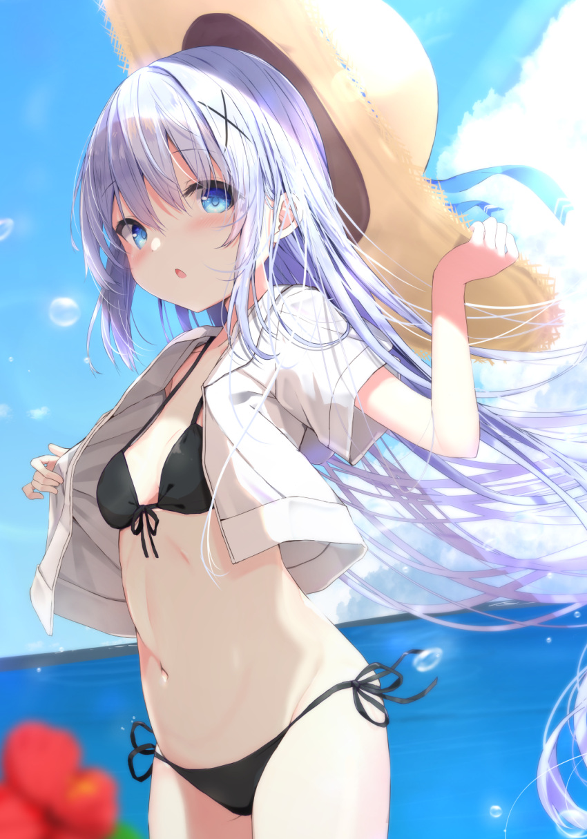 1girl bangs bikini bikini_under_clothes black_bikini blue_eyes blue_hair blue_sky blurry blurry_foreground blush breasts cloud collared_shirt commentary_request day depth_of_field dress_shirt flower front-tie_bikini front-tie_top gochuumon_wa_usagi_desu_ka? hair_between_eyes hair_ornament hand_on_headwear hand_up hat highres horizon kafuu_chino kouda_suzu long_hair looking_at_viewer navel ocean open_clothes open_shirt outdoors parted_lips red_flower shirt side-tie_bikini sky small_breasts solo straw_hat swimsuit very_long_hair water white_shirt x_hair_ornament