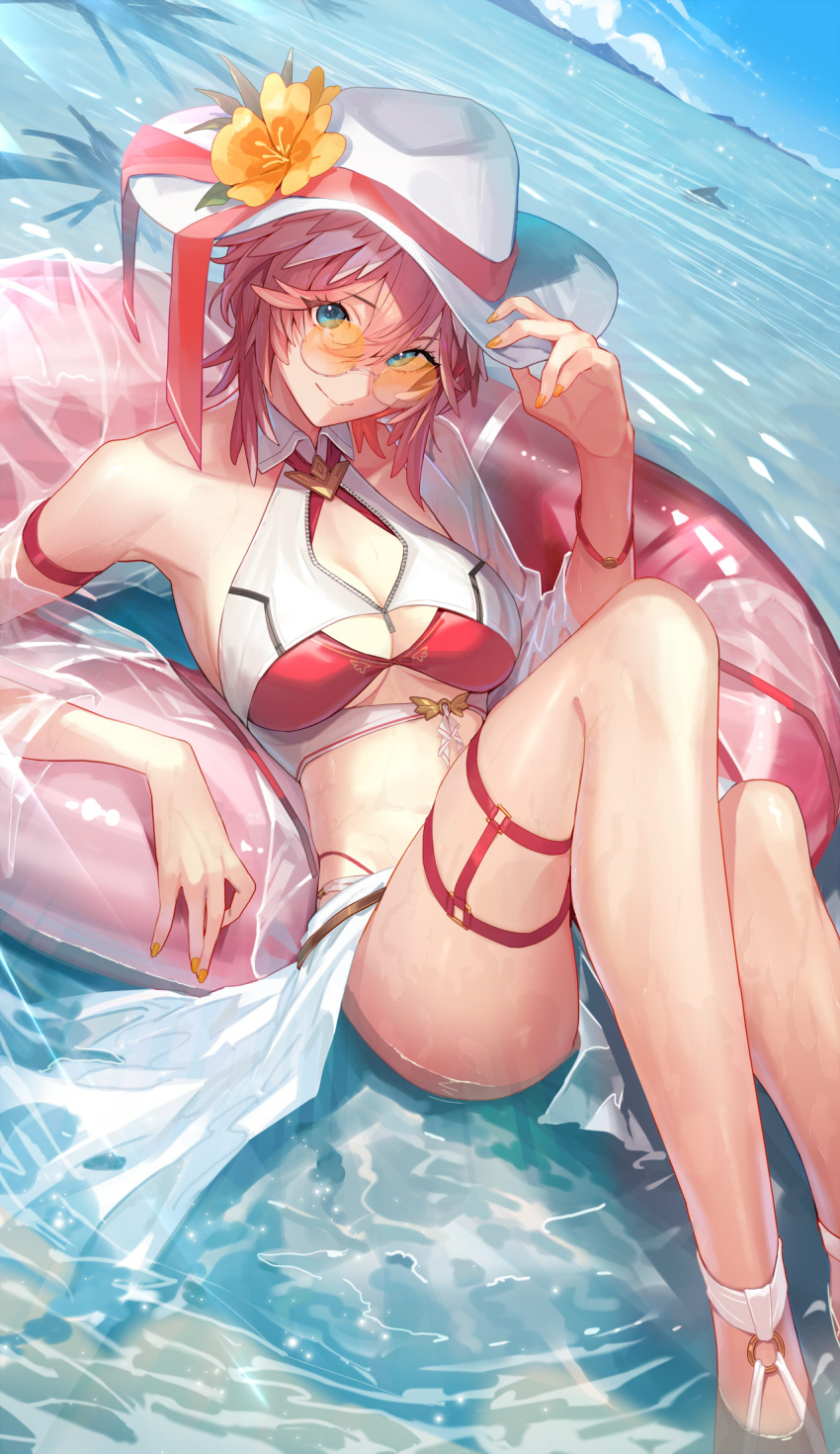 1girl armpits bangs bikini blue_eyes blush breasts cleavage cleavage_cutout clothing_cutout crop_top flower glasses hair_between_eyes hat hat_flower highres hololive kakage large_breasts looking_at_viewer multicolored_hair o-ring ocean pink_hair red_bikini see-through see-through_sleeves short_hair smile solo streaked_hair swimsuit takane_lui thigh_strap thighs virtual_youtuber water yellow_nails zipper