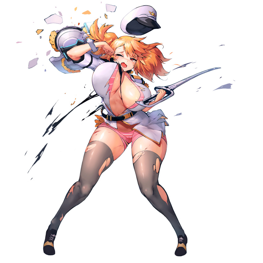 1girl :3 battle_damage bra breasts cerberus_(last_origin) convenient_censoring curvy cuts defeat fang full_body game_cg hat hat_removed headwear_removed highres holding holding_sword holding_weapon huge_breasts injury jacket last_origin looking_at_viewer mole mole_under_eye official_art orange_hair panties peaked_cap pink_bra pink_panties shield short_hair sima_(startwitch) solo striped striped_bra striped_panties sword tachi-e tears thighhighs torn_clothes torn_legwear transparent_background unaligned_breasts underwear weapon white_jacket wince