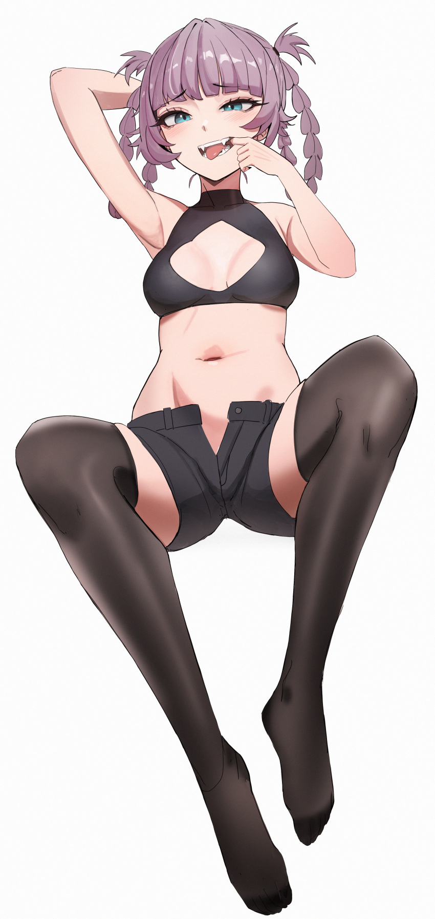 1girl :d absurdres arm_behind_head arm_up armpits bangs bare_shoulders black_shirt black_shorts black_thighhighs blue_eyes blunt_bangs blush braid breasts cleavage_cutout clothing_cutout commentary crop_top eyelashes fangs hair_rings hair_tie hand_up highres kiritzugu looking_at_viewer midriff mouth_pull nanakusa_nazuna_(yofukashi_no_uta) navel no_shoes open_fly open_mouth purple_hair raised_eyebrows shirt short_shorts shorts sidelocks sleeveless sleeveless_shirt sleeveless_turtleneck_crop_top small_breasts smile solo spread_legs stomach teeth thighhighs tongue tongue_out turtleneck turtleneck_crop_top twin_braids white_background yofukashi_no_uta