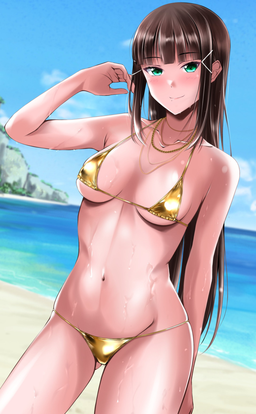 1girl absurdres arm_behind_back arm_up armpit_crease bangs beach bikini black_hair blue_sky breasts breasts_apart closed_mouth cloud gold_bikini green_eyes hair_ornament hairclip highres jewelry kujira_katsu_(ztmy5535) kurosawa_dia long_hair looking_at_viewer love_live! love_live!_sunshine!! medium_breasts micro_bikini mole mole_under_mouth multiple_necklaces necklace ocean sky smile solo swimsuit wet