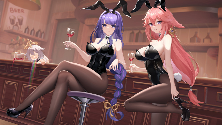 3girls @_@ absurdres alcohol alternate_costume animal_ears bar bar_stool bare_shoulders beer black_bow black_bowtie black_leotard bow bowtie braid braided_ponytail breasts brown_pantyhose closed_mouth crossed_legs cup detached_collar drinking_glass fake_animal_ears foot_out_of_frame genshin_impact high_heels highres holding holding_cup indoors knee_up large_breasts leotard liquor long_hair looking_at_viewer low-tied_long_hair multiple_girls paimon_(genshin_impact) pantyhose parted_lips pink_hair pink_nails playboy_bunny purple_eyes purple_hair rabbit_ears rabbit_tail raiden_shogun shoe_dangle sitting spill stool tail vanilla_chocolate very_long_hair vomiting_rainbows wine wine_glass yae_miko