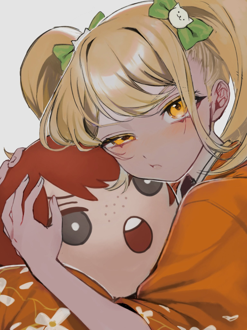 1girl :o bangs blonde_hair blush cat_hair_ornament character_pillow danganronpa_(series) danganronpa_2:_goodbye_despair floral_print freckles frown grey_background hair_ornament highres japanese_clothes kimono koizumi_mahiru long_hair looking_at_viewer niwatori_panda orange_eyes orange_kimono red_hair saionji_hiyoko shiny shiny_hair simple_background solo teeth twintails upper_teeth