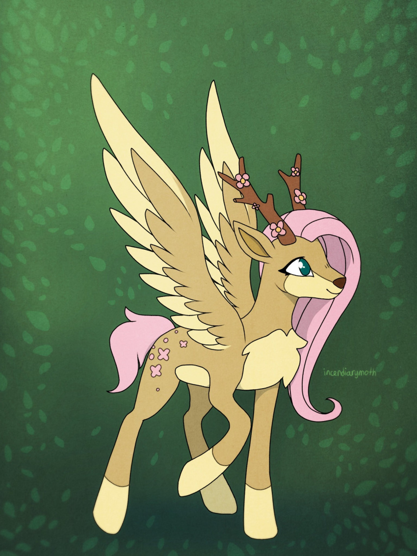 3:4 alternate_species brown_antlers brown_body brown_feathers brown_fur brown_nose chest_tuft eyelashes feathers female feral flower fluttershy_(mlp) friendship_is_magic fur green_eyes hair hasbro hi_res hooves incendiarymoth leaf_background my_little_pony nintendo pink_flower pink_hair pink_tail plant pok&eacute;mon pok&eacute;mon_(species) raised_hoof sawsbuck signature smile solo spring_sawsbuck tan_body tan_feathers tan_fur tuft video_games yellow_hooves