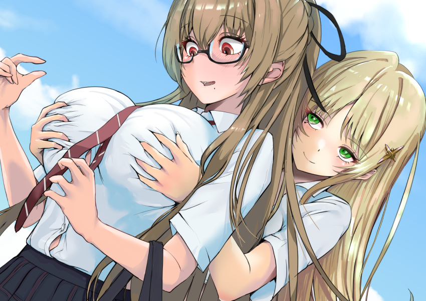 2girls azur_lane black-framed_eyewear black_ribbon black_skirt blonde_hair blue_sky breast_grab breasts brown_hair collared_shirt fiji_(azur_lane) glasses grabbing grabbing_from_behind green_eyes hair_ornament hair_ribbon large_breasts light_smile long_hair mole mole_under_mouth multiple_girls necktie outdoors p.i.t.d red_eyes red_necktie ribbon school_uniform shirt skirt sky swiftsure_(azur_lane) uniform white_shirt wing_collar yuri