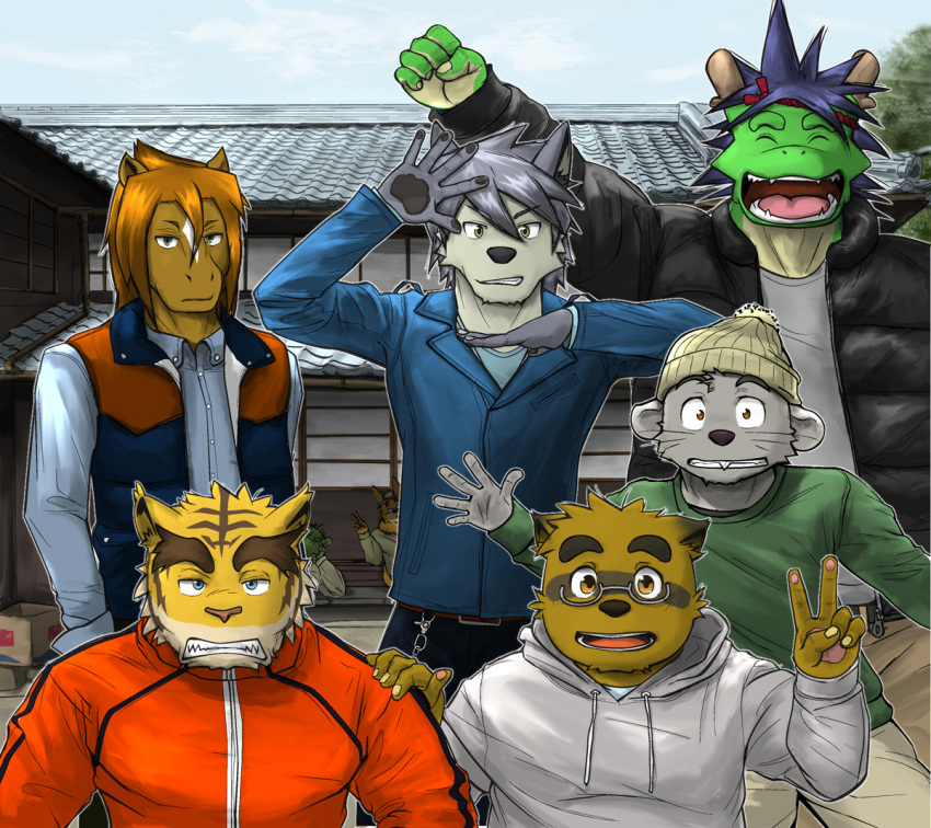 2016 accessory akira_nikaidou anthro asian_mythology beanie black_clothing black_jacket black_nose black_topwear blue_clothing blue_jacket blue_shirt blue_topwear bored_expression brown_nose buckteeth canid canine canis chin_tuft chuukichi_(morenatsu) clothed clothing countershade_torso countershading detailed_background domestic_dog dragon east_asian_mythology eastern_dragon equid equine eyes_closed eyewear facial_markings facial_tuft fangs felid fully_clothed fur gesture glasses green_body green_clothing green_scales green_shirt green_topwear grey_body grey_clothing grey_fur grey_hair grey_hoodie grey_shirt grey_topwear grimace group group_picture hair hand_on_shoulder hat head_markings headband headgear headwear hoodie horse husky jacket kounosuke_(morenatsu) kouya_(morenatsu) looking_at_viewer male mammal mane markings mask_(marking) monotone_body monotone_fur morenatsu murid murine mythology nordic_sled_dog outside pantherine pink_nose poge_jirushi pose purple_hair raccoon_dog rat red_clothing red_headband red_jacket red_topwear rodent scales shirt smile spitz tan_body tan_fur tan_scales tanuki tatsuki_(morenatsu) teeth tiger topwear torahiko_(morenatsu) v_sign vest video_games visual_novel wave whiskers yellow_body yellow_fur