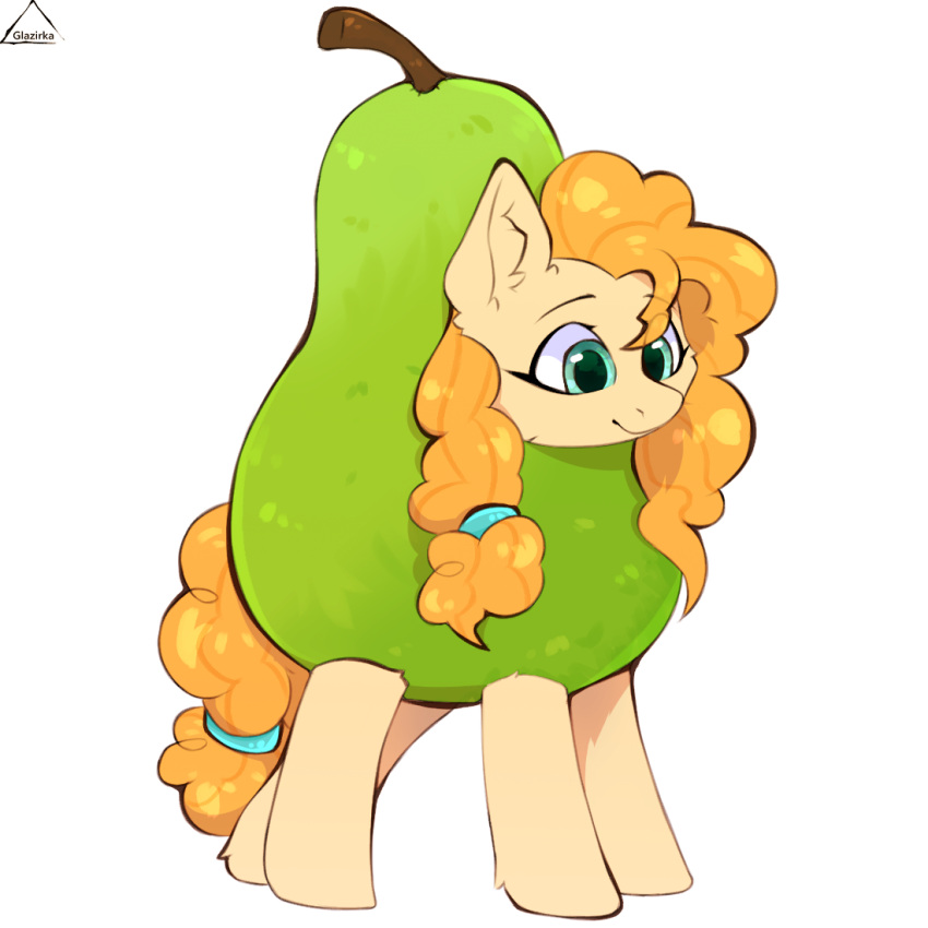 clothing costume equid equine female feral food food_costume friendship_is_magic fruit fruit_costume glazirka hasbro horse kigtoons mammal my_little_pony pear pear_butter_(mlp) pear_costume plant pony solo