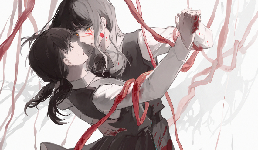 2girls absurdres black_dress black_eyes black_hair blood blood_on_clothes blood_on_face blood_on_hands chainsaw_man chinese_commentary collared_shirt commentary_request cowboy_shot dancing dress dual_persona eye_contact hand_on_another's_waist highres holding_hands intestines kentaiki long_sleeves looking_at_another low_twintails medium_hair mitaka_asa multiple_girls neck_ribbon open_mouth outstretched_arm pinafore_dress ribbon ringed_eyes school_uniform shirt short_twintails sweatdrop twintails war_devil_(chainsaw_man) white_background white_shirt yellow_eyes