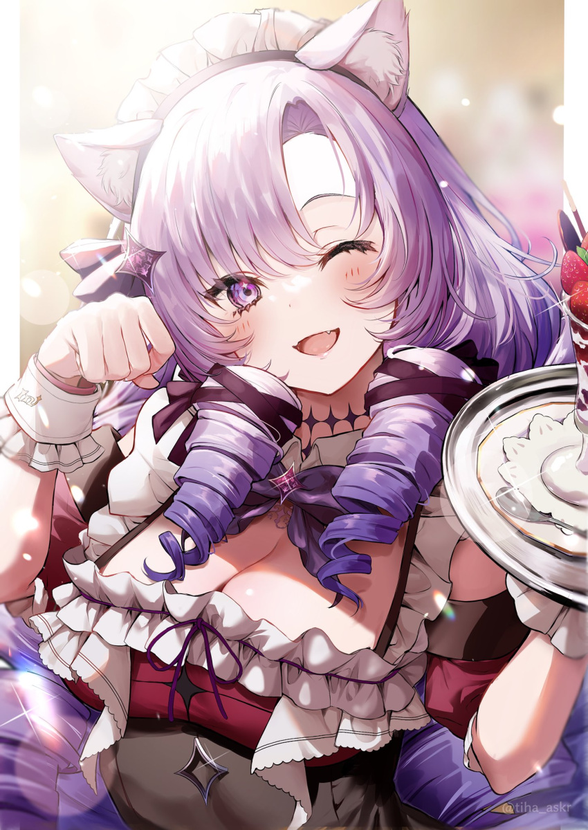 1girl ;d animal_ears breasts cat_ears choker cleavage cup drill_hair drinking_glass hair_ribbon highres holding holding_tray hyakumantenbara_salome large_breasts maid_headdress mia_(fai1510) nijisanji one_eye_closed paw_pose purple_eyes purple_hair ribbon short_sleeves smile solo spoon tray virtual_youtuber wrist_cuffs