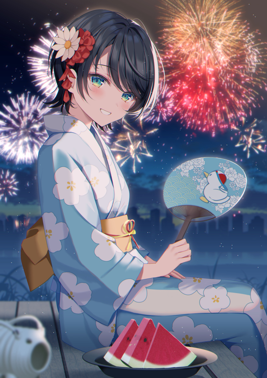 1girl aerial_fireworks bangs black_hair blue_eyes blue_kimono blurry blurry_foreground blush cityscape cloud commentary_request depth_of_field eyelashes fireworks floral_print flower food fruit gradient_eyes green_eyes grin hair_flower hair_ornament hand_fan highres holding holding_fan hololive japanese_clothes kanzashi kayari_buta kimono light_particles long_sleeves looking_at_viewer looking_to_the_side multicolored_eyes myusha night night_sky obi obijime oozora_subaru orange_sash outdoors paper_fan parted_bangs pier plant plate print_kimono sash seigaiha short_hair sitting sky skyline smile solo subaru_duck swept_bangs teeth virtual_youtuber water watermelon white_flower wide_sleeves