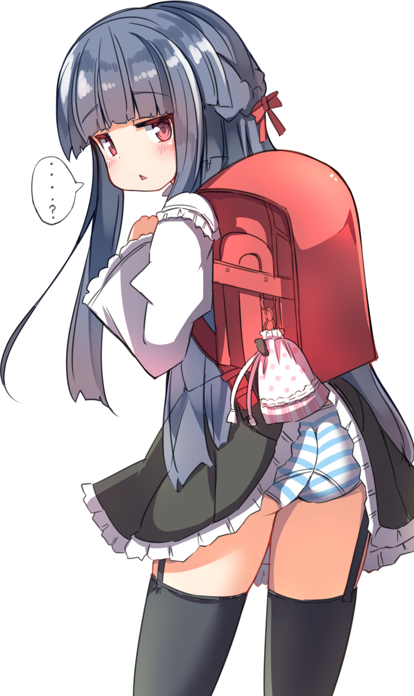 ...? 1girl :&lt; absurdres accidental_exposure ass backpack bag bangs black_hair black_skirt black_thighhighs blush bow braid clothes_lift commentary_request frilled_skirt frills from_behind garter_straps hair_bow hand_up highres idolmaster idolmaster_cinderella_girls idolmaster_cinderella_girls_starlight_stage juliet_sleeves long_hair long_sleeves looking_at_viewer looking_back panties parted_lips puffy_sleeves randoseru red_bow red_eyes sajo_yukimi shirt simple_background skirt skirt_lift solo striped striped_panties thighhighs triangle_mouth umberblack underwear very_long_hair white_background white_shirt wide_sleeves