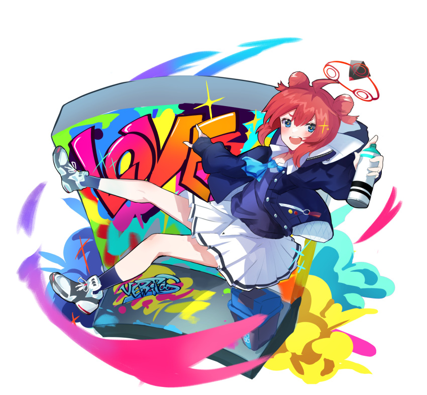 1girl :d ahoge bangs black_socks blue_archive blue_eyes blue_necktie blue_sweater_vest double_bun geco_gecko graffiti hair_bun halo highres holding hood hooded_jacket id_card jacket jumping long_sleeves looking_at_viewer maki_(blue_archive) necktie open_mouth outstretched_arms painting_(action) pleated_skirt puffy_sleeves red_hair shirt shoes short_hair sidelocks skirt sleeves_past_wrists smile sneakers socks solo spray_can spray_paint sweater_vest trash_can wall white_shirt white_skirt