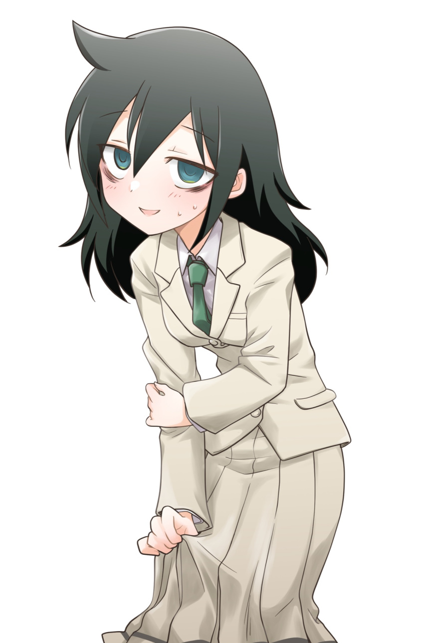 1girl bangs black_hair blazer blush brown_jacket brown_skirt collared_shirt commentary green_eyes green_necktie hair_between_eyes highres hikaru_(ofuton_at5) jacket kuroki_tomoko long_hair long_skirt long_sleeves looking_at_viewer necktie open_mouth pleated_skirt school_uniform shirt simple_background skirt skirt_hold smile solo split_mouth standing sweat watashi_ga_motenai_no_wa_dou_kangaetemo_omaera_ga_warui! white_background white_shirt