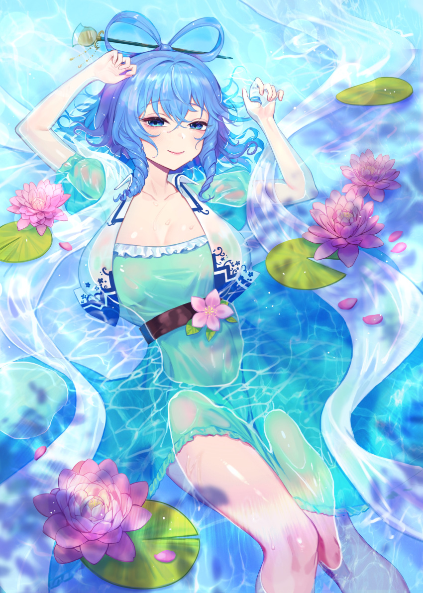 1girl absurdres afloat blue_dress blue_hair breasts dress flower hagoromo hair_ornament highres in_water kaku_seiga lee_jin_byeol lily_pad lotus partially_submerged petals petals_on_liquid pink_flower puffy_sleeves ripples shallow_water shawl touhou water wet