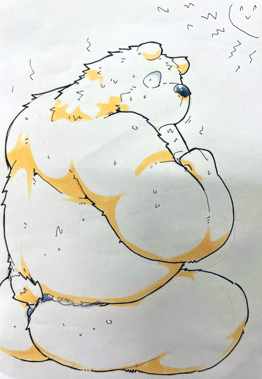 2022 anthro belly big_belly bodily_fluids butt eating hi_res kemono male mammal overweight overweight_male sitting solo suishou0602 sun sweat ursid