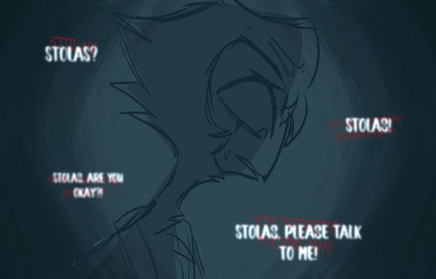 anthro avian bird blitzo_(helluva_boss) blue_background helluva_boss hi_res looking_down male owl owl_demon panicking red_text scared simple_background solo stolas_(helluva_boss) teathekook text traumatized white_text