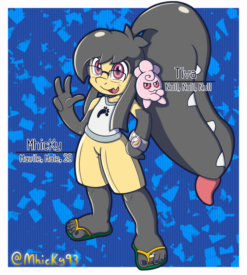 2_mouths 4_fingers anthro chibi clothing crossed_arms digit_ring duo eyewear facial_hair feet female fingers flip_flops footwear gesture glasses goatee hi_res humanoid igglybuff jewelry male mawile mhicky93 mhicky_(mhicky93) multi_mouth nintendo pok&eacute;mon pok&eacute;mon_(species) ring sandals tiva_(mhicky93) toe_ring toes tongue tongue_out v_sign video_games