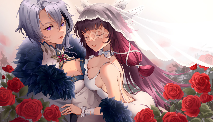 2girls absurdres alternate_eye_color arlecchino_(genshin_impact) ass backless_dress backless_outfit bandaged_wrist bandages bangs bare_arms bare_back black_hair bow bowtie breast_press breasts bridal_veil brooch choker cleavage closed_eyes coat coat_on_shoulders columbina_(genshin_impact) commentary dress english_commentary eye_mask feather_boa flower frilled_dress frills fur-trimmed_coat fur_trim genshin_impact hamonji head_wings highres jewelry large_breasts long_hair looking_at_viewer multicolored_hair multiple_girls parted_lips purple_eyes red_flower red_hair red_rose rose short_hair smile streaked_hair swept_bangs symbol-shaped_pupils two-tone_hair two_side_up veil white_bow white_bowtie white_choker white_dress white_hair white_mask wrist_bow x-shaped_pupils