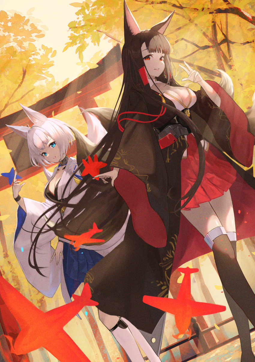 2girls absurdres akagi_(azur_lane) animal_ears autumn azur_lane bangs blue_eyes blue_skirt bob_cut breasts brown_hair cleavage commentary_request falling_leaves fox_ears fox_tail grin highres japanese_clothes kaga_(azur_lane) kimono kyuubi large_breasts leaf light_rays long_hair long_sleeves looking_at_viewer multiple_girls multiple_tails outdoors pleated_skirt red_eyes red_skirt sakura_empire_(emblem) scenery shikigami short_hair sidelocks skirt smile tail torii very_long_hair white_hair wide_sleeves xyunx
