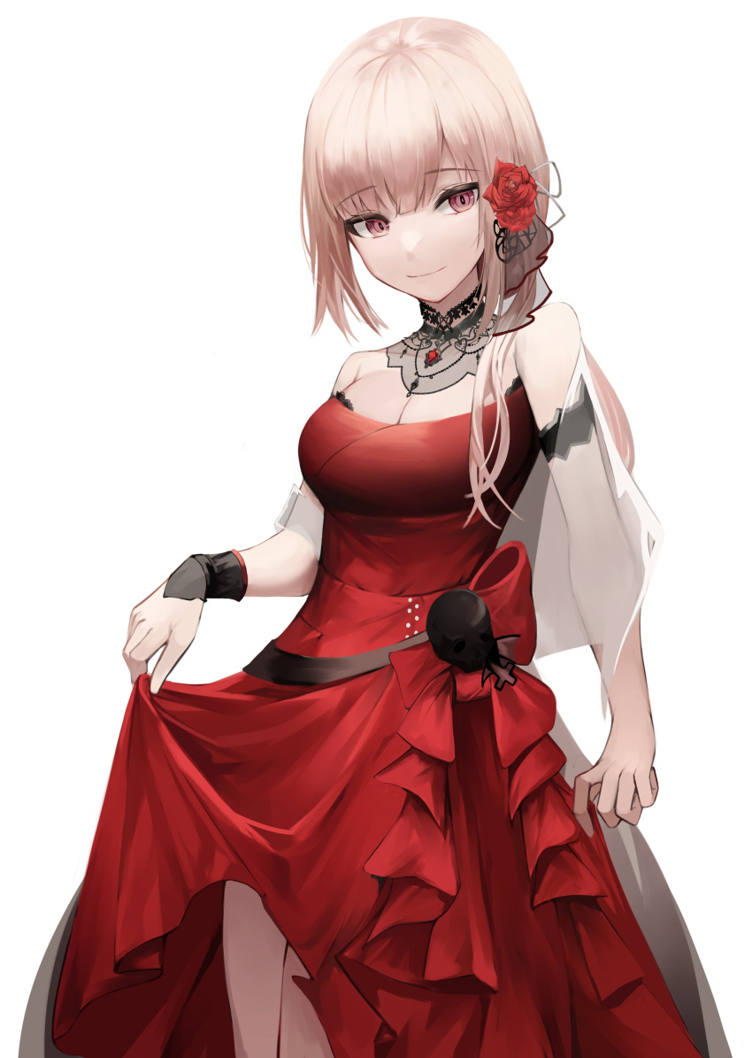 1girl absurdres bangs bare_shoulders blonde_hair breasts cleavage closed_mouth clothes_lift dress dress_lift feet_out_of_frame flower hair_flower hair_ornament highres hololive hololive_english long_hair looking_at_viewer mea_(hwaksal) medium_breasts mori_calliope pink_eyes red_dress smile solo standing white_background