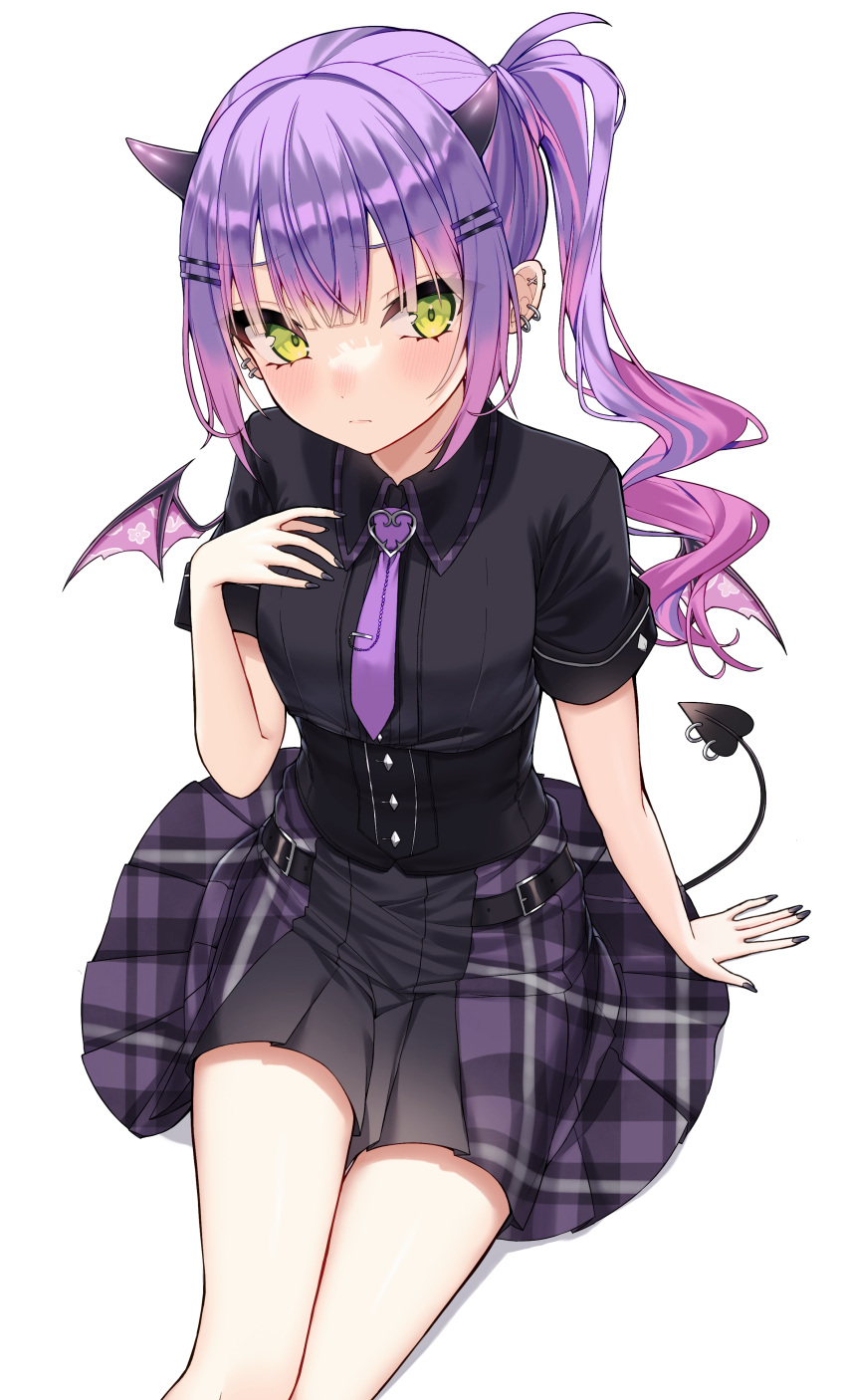 1girl absurdres arm_support bangs belt black_belt black_nails black_shirt black_skirt blush corset demon_girl demon_horns demon_tail demon_wings dress_shirt ear_piercing gradient_hair green_eyes hair_between_eyes hair_ornament hairclip highres hololive honeyhoppin horns long_hair looking_at_viewer mini_wings miniskirt multicolored_hair necktie official_alternate_costume piercing pink_hair plaid plaid_skirt pleated_skirt pointy_ears purple_hair purple_necktie purple_skirt shirt short_sleeves side_ponytail simple_background sitting skirt solo streaked_hair tail tail_ornament tail_piercing tokoyami_towa two-tone_skirt virtual_youtuber white_background wings