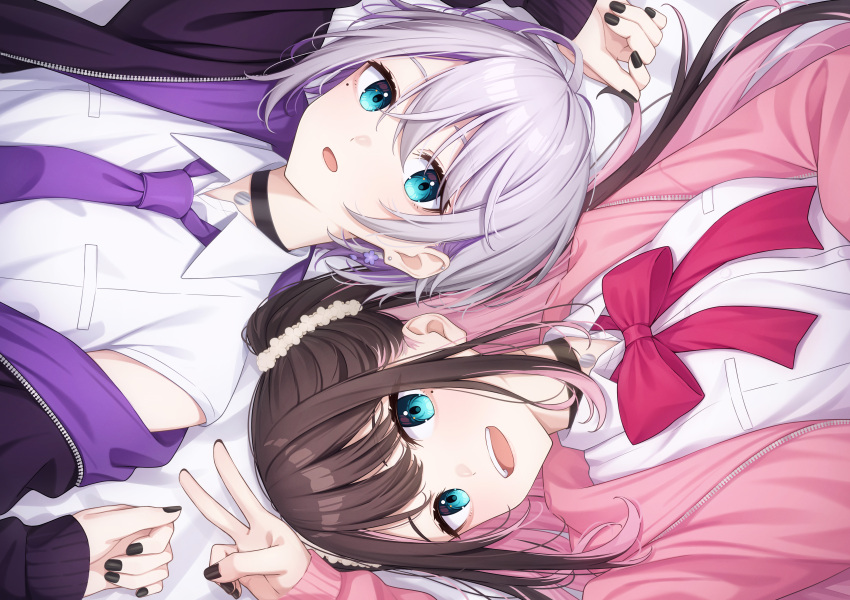 2girls absurdres bangs black_choker black_jacket black_nails blue_eyes bow brown_hair choker collared_shirt dress_shirt grey_hair hair_between_eyes highres jacket kaga_nazuna kaga_sumire long_hair long_sleeves looking_at_viewer lupinus_virtual_games lying mole mole_under_eye multicolored_clothes multicolored_hair multicolored_jacket multiple_girls necktie ochiai_miyabi on_back open_clothes open_jacket open_mouth pink_hair pink_jacket purple_jacket purple_necktie red_bow shirt short_hair sleeveless sleeveless_shirt smile swept_bangs two-tone_hair two-tone_jacket upper_body v virtual_youtuber vspo! white_shirt zipper