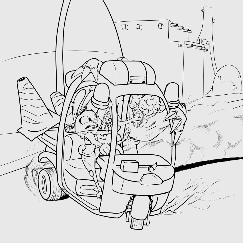 1:1 absurd_res anthro capcom car disney drifting duo female gun hi_res judy_hopps lagomorph leporid licker_(resident_evil) line_art mammal monochrome monster rabbit ranged_weapon resident_evil sketchy_brush solo undead vehicle video_games weapon zombie zootopia