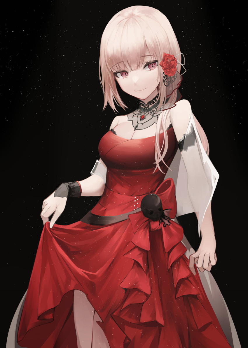 1girl absurdres bangs bare_shoulders black_background blonde_hair breasts cleavage closed_mouth clothes_lift dress dress_lift feet_out_of_frame flower hair_flower hair_ornament highres hololive hololive_english long_hair looking_at_viewer mea_(hwaksal) medium_breasts mori_calliope pink_eyes red_dress smile solo standing starry_background