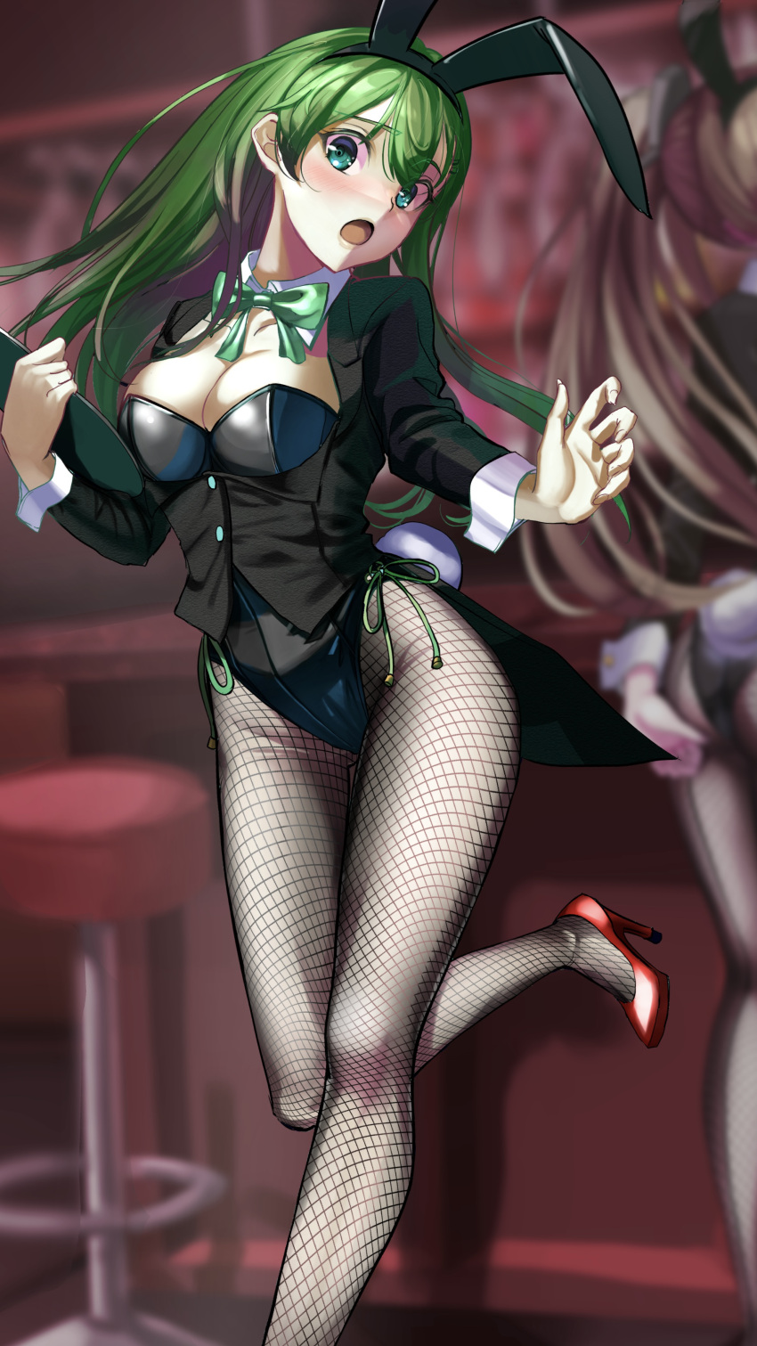 2girls absurdres animal_ears bar black_leotard black_pantyhose blush bow bowtie breasts chair cleavage counter covered_navel cowboy_shot fake_animal_ears fake_tail fishnet_pantyhose fishnets green_eyes green_hair highres jacket kantai_collection kotoba_suzu kumano_(kancolle) leotard medium_breasts multiple_girls open_mouth outdoors pantyhose playboy_bunny rabbit_ears standing standing_on_one_leg strapless strapless_leotard suzuya_(kancolle) tail traditional_bowtie tray