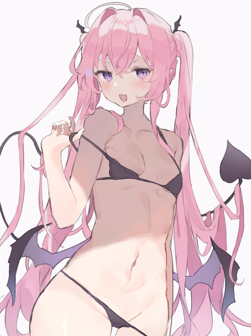 1girl :3 :d absurdres bangs bikini bikini_pull black_bikini black_horns black_wings blush breasts clothes_pull demon_girl demon_tail demon_wings fang grey_background hair_between_eyes hair_flowing_over head_wings highres horns long_hair low_wings micro_bikini o_(jshn3457) original pink_hair pointy_ears purple_eyes simple_background slit_pupils small_breasts smile solo swimsuit tail twintails very_long_hair wings