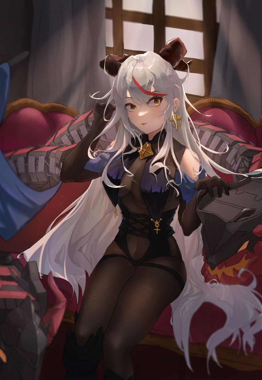 1300dudekafeibei 1girl absurdres aegir_(azur_lane) asymmetrical_footwear azur_lane black_gloves bodystocking boots breast_curtains breasts cross cross-laced_clothes cross_earrings demon_horns earrings elbow_gloves english_commentary gloves hair_on_horn highres horns indoors jewelry knee_boots large_breasts long_hair multicolored_hair pillow red_hair sideways_glance single_knee_boot sitting solo streaked_hair torn_bodystocking torn_clothes two-tone_hair uneven_footwear very_long_hair white_hair window yellow_eyes