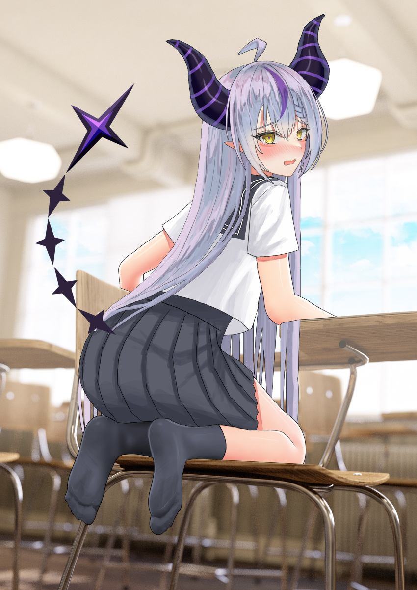 1girl absurdres ahoge alternate_costume andy2465 bangs black_skirt black_socks blurry blurry_background blush classroom commentary_request demon_girl demon_horns embarrassed feet from_behind full_body highres hololive horns kneeling la+_darknesss legs long_hair looking_at_viewer multicolored_hair no_shoes on_chair open_mouth photo_background pointy_ears purple_hair shiny shiny_skin shirt short_sleeves sidelocks skirt socks soles solo streaked_hair striped_horns toes virtual_youtuber white_shirt